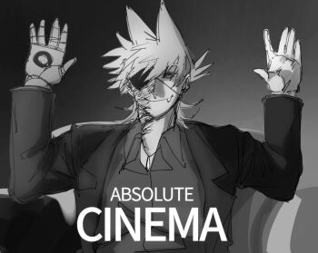 Rule 34 | 1boy, absolute cinema (meme), alternate costume, animification, antenna hair, burn scar, coat, collared shirt, commentary, derivative work, eddsworld, english text, eyepatch, fang, flipped hair, goma (gomaaa 86), greyscale, hair ears, hands up, long sleeves, looking at viewer, male focus, mechanical arms, meme, monochrome, open clothes, open coat, parody, red leader (eddsworld), scar, shirt, short hair, single mechanical arm, sketch, smile, solo, untranslatable commentary, tord (eddsworld), upper body
