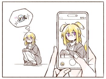 2girls animal_ears bang_dream! bang_dream!_it's_mygo!!!!! blonde_hair blush cellphone chinese_commentary commentary_request dog_ears dog_girl dog_tail highres holding holding_phone kemonomimi_mode looking_at_viewer medium_hair misumi_uika multiple_girls octopus phone purple_eyes ra_reityalice slippers smartphone sparkle speech_bubble squatting sweater tail taking_picture thought_bubble togawa_sakiko