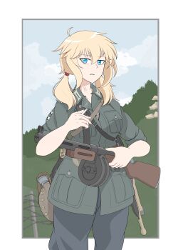 1girl absurdres barbed_wire blonde_hair blue_eyes cowboy_shot drum_magazine german_army gun highres magazine_(weapon) military open_mouth original outdoors phenol_r ppsh-41 smoking soldier solo stick_grenade submachine_gun weapon wehrmacht world_war_ii