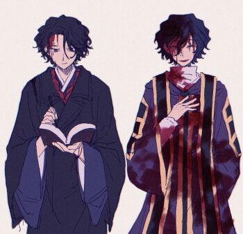 Rule 34 | 2boys, arms behind back, black coat, black eyes, black hair, blood from forehead, blood, blood on clothes, blood on face, blue kimono, chinese commentary, chromatic aberration, closed eyes, closed mouth, coat, commentary request, crossover, dazai osamu (isekai shikkaku), film grain, grey background, grey shirt, hairstyle connection, hand on own chest, highres, isekai shikkaku, japanese clothes, kimono, long sleeves, male focus, multiple boys, open mouth, purple coat, saibou shinkyoku, shirt, short hair, simple background, utsugi noriyuki, wide sleeves, xuanjing