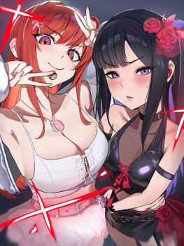 2girls absurdres belt black_choker black_hair black_skirt blush breasts choker collarbone commentary cross-laced_clothes cross-laced_top dog_tags english_commentary eunhwa_(nikke) eunhwa_(tactical_upgrade)_(nikke) facial_mark flower goddess_of_victory:_nikke headset highres idol idol_clothes large_breasts long_hair long_sidelocks multiple_girls official_alternate_costume official_alternate_hair_color okakameganikke pink_belt pink_flower pink_nails pink_rose pink_skirt purple_hair rapi_(nikke) rapi_(red_hood)_(nikke) rapi_(red_hood)_(shining_light)_(nikke) red_eyes red_flower red_hair rose see-through_clothes sidelocks skirt smile star_(symbol) star_facial_mark sticker sticker_on_face tank_top white_tank_top