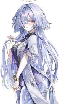 1girl atiarta7 blush bracelet breasts cleavage closed_mouth colored_eyelashes commentary cowboy_shot earrings grey_hair hair_ornament hair_over_one_eye halo hand_up hashtag-only_commentary highres jacket jewelry long_hair looking_at_viewer medium_breasts mornye_(wuthering_waves) multiple_rings red_eyes ring short_sleeves simple_background solo triangle_earrings twitter_username very_long_hair white_background white_jacket wuthering_waves