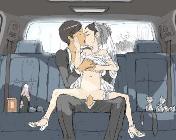 1boy 1girl age_difference artist_request bare_legs black_hair bracelet bridal_veil bride car car_interior champagne_flute closed_eyes clothed_sex clothes_lift cup dress dress_lift drinking_glass earrings feet flat_chest formal_clothes frilled_thigh_strap groom hair_bun hetero high_heels highres jewelry kiss loli motor_vehicle navel necklace no_panties panties pearl_necklace penis pussy reverse_upright_straddle sex sex_from_behind shoes short_hair single_hair_bun sketch spread_legs stomach straddling suit thigh_strap uncensored underwear unworn_panties upright_straddle vaginal veil wedding_dress white_footwear white_heels