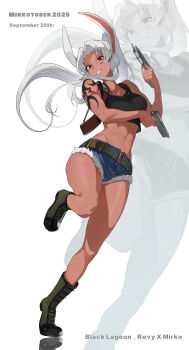 1girl abs absurdres animal_ears bare_shoulders belt beretta_92 black_lagoon black_tank_top boku_no_hero_academia boots breasts character_name collarbone commentary copyright_name cosplay crop_top cutoffs dark-skinned_female dark_skin dated denim denim_shorts english_commentary english_text floating_hair full_body grin gun handgun highres holding holster kopam korean_commentary large_breasts long_eyelashes long_hair looking_at_viewer midriff mirko mixed-language_commentary navel parted_bangs ponytail rabbit_ears rabbit_girl red_eyes revy_(black_lagoon) revy_(black_lagoon)_(cosplay) short_shorts shorts shoulder_holster shoulder_tattoo smile solo standing standing_on_one_leg stomach tank_top tattoo thick_thighs thighs tiptoes toned toned_female tribal_tattoo very_long_hair weapon white_hair zoom_layer