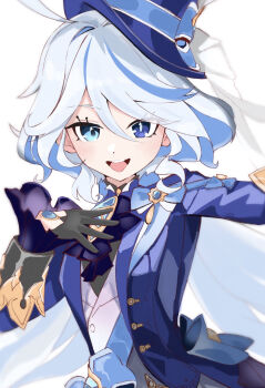 1girl absurdres ahoge black_gloves blue_eyes blue_hair blue_hat blue_jacket blush furina_(genshin_impact) genshin_impact gloves green_eyes hand_on_own_chest hat heterochromia highres jacket looking_at_viewer medium_hair multicolored_hair open_mouth smile solo streaked_hair uw_chanmaru white_hair