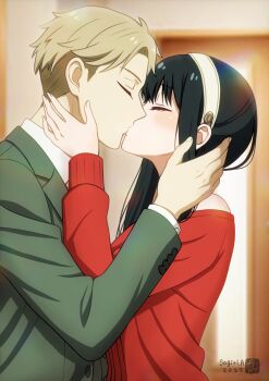 1boy 1girl artist_logo asukamama89 bare_shoulders black_hair blonde_hair blurry blurry_background buttons closed_eyes commentary couple dress dress_shirt earrings facing_another fingernails from_side gold_earrings green_jacket green_vest hair_between_eyes hair_bun hairband hand_on_another&#039;s_face highres ii_fuufu_no_hi indoors jacket jewelry kiss light_blush logo long_hair long_sidelocks long_sleeves necktie off-shoulder_sweater off_shoulder red_dress red_necktie red_sweater shirt short_hair sidelocks smile speech_bubble spy_x_family suit_jacket sweater sweater_dress twilight_(spy_x_family) upper_body vest waistcoat white_hairband white_shirt yor_briar