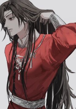 1boy arm_up belt black_hair chinese_clothes closed_mouth from_side grey_background grey_belt hanfu hashtag-only_commentary hua_cheng long_hair long_sleeves looking_ahead male_focus mizooti_0 red_eyes red_hanfu simple_background solo tianguan_cifu upper_body very_long_hair