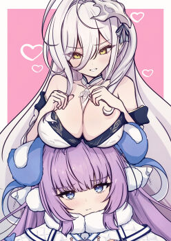 2girls absurdres azur_lane bare_shoulders blue_eyes bonebonedolphin breast_rest breasts breasts_on_head cleavage coat fur-trimmed_coat fur_trim hakuhou_(azur_lane) heart highres japanese_clothes kimono large_breasts long_bangs looking_at_viewer mask mask_on_head multiple_girls parted_lips pink_background purple_hair simple_background smile tashkent_(azur_lane) upper_body voice_actor_connection white_hair white_kimono winter_clothes winter_coat yellow_eyes