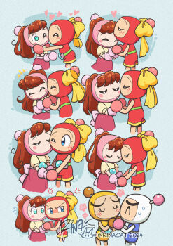 +++ 2boys 2girls ^_^ annoyed aqua_eyes artist_name b-daman_bakugaiden back_bow belt blue_background blue_eyes blue_gemstone blush blush_stickers bodysuit bomberman bow brown_hair chibi closed_eyes dated detached_hood flat_chest forehead-to-forehead gem gloves hair_bow half-closed_eyes hands_on_another's_shoulders hands_up happy heads_together heart high-waist_skirt holding_hands hooded_shirt imitating kiss kissing_cheek kissing_forehead leaning_forward long_hair looking_back multiple_boys multiple_girls multiple_views nervous no_mouth one_eye_closed pink_bomber pink_bow pink_gloves pink_skirt ponytail profile puffy_short_sleeves puffy_sleeves raised_eyebrows red_bomber red_shirt red_shorts rina_cat sequential shirt short_sleeves shorts signature simple_background skirt sleeveless sleeveless_shirt squinting sweat twitter_username u_u v-shaped_eyebrows watermark white_bomber wide-eyed yaoi yellow_bodysuit yellow_bomber yellow_bow yellow_shirt yellow_trim yuri