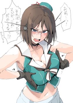 1girl bare_shoulders black_choker black_gloves blue_eyes blush breasts breasts_squeezed_together choker cleavage commentary_request crop_top gloves hair_ornament hat headgear highres kantai_collection large_breasts looking_at_viewer maya_(kancolle) maya_kai_ni_(kancolle) midriff next_time_you&#039;re_getting_this_(meme) open_mouth short_hair simple_background skirt sleeveless solo speech_bubble sweat translation_request white_background white_skirt x_hair_ornament zekkyon