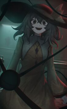 1girl absurdres black_hat bow buttons crazy crazy_eyes crazy_smile diamond_button dim_lighting dress hat hat_bow hat_ribbon highres koishi_day komeiji_koishi long_dress medium_hair ribbon shirt smile sutorobo72 third_eye touhou yellow_shirt