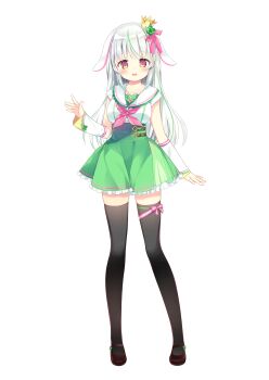 1girl :d absurdres animal_ears black_thighhighs blush breasts brown_shoes crown detached_sleeves dot_nose frilled_skirt frills full_body green_hair green_skirt haconect highres large_breasts leg_ribbon mary_janes mini_crown multicolored_hair nagayama_yuunon neckerchief official_art open_mouth pink_eyes pink_neckerchief pink_ribbon rabbit_ears ribbon sailor_collar shoes short_sleeves skirt sleeves_past_wrists smile solo standing streaked_hair tachi-e thigh_ribbon thighhighs transparent_background usaki_yotsunoha virtual_youtuber white_hair white_sailor_collar white_sleeves