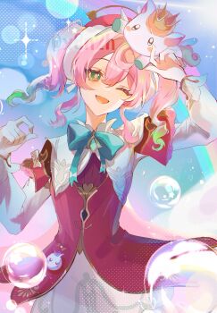 1girl ;d aqua_eyes aqua_hair beret bubble dress drill_hair hair_between_eyes hat highres honkai:_star_rail honkai_(series) hyacine_(honkai:_star_rail) long_hair long_sleeves looking_at_viewer multicolored_hair one_eye_closed open_mouth pantyhose pink_hair puffy_long_sleeves puffy_sleeves rainbow red_dress red_hat smile solo twin_drills twitter_username two-tone_hair white_pantyhose white_sleeves x8n2h yellow_pupils