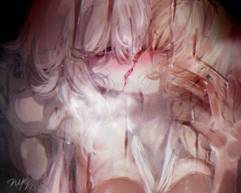 2girls against_glass artist_name blonde_hair blush breast_press breasts closed_eyes french_kiss hair_over_eyes honkai_(series) honkai_impact_3rd kiss long_hair multiple_girls nude nyeppu saliva signature songque thelema_nutriscu tongue tongue_out upper_body white_hair yuri