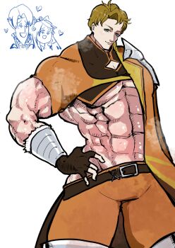 1girl 2boys abs alfred_(fire_emblem) belt boucheron_(fire_emblem) brown_hair closed_mouth etie_(fire_emblem) fingerless_gloves fire_emblem fire_emblem_engage gloves green_eyes looking_at_viewer male_focus mochiri_8888 multiple_boys muscular muscular_male nintendo orange_pants pants solo_focus