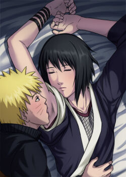 Rule 34 | 1boy, 1girl, armpits, arms up, bed, bed sheet, black hair, blonde hair, blue eyes, blush, closed eyes, facial mark, from above, japanese clothes, kimono, licking, lying, naruto (classic), naruto (series), on back, pillow, shizune (naruto), short hair, sleeping, sweat, sweatdrop, tk (tk's level4), uzumaki naruto, whisker markings