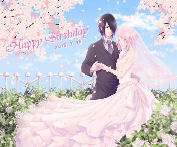 1boy 1girl absurdres black_eyes black_hair black_jacket blue_sky blush boruto:_naruto_next_generations bridal_veil closed_mouth cloud collared_shirt commentary dated dress english_commentary english_text facial_mark flower forehead_mark formal_clothes gloves hair_flower hair_ornament hair_over_one_eye happy_birthday haruno_sakura highres holding_hands husband_and_wife jacket long_sleeves looking_at_another mochiii-s naruto_(series) necktie pink_hair ponytail purple_necktie rose shirt short_hair short_ponytail sky smile strapless strapless_dress suit uchiha_sasuke veil wedding wedding_dress white_dress white_flower white_gloves white_rose white_shirt