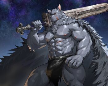 1boy abs absurdres akunaakun_(kunkun586586) bara blaidd_the_half-wolf bulge cloak commentary elden_ring english_commentary feet_out_of_frame fur_cloak furry furry_male greatsword highres large_pectorals looking_at_viewer male_focus milestone_celebration muscular muscular_legs muscular_male nipples over_shoulder pectorals royal_greatsword_(elden_ring) solo standing stomach strongman_waist sword sword_over_shoulder textless_version thighs topless_male weapon weapon_over_shoulder wolf_boy