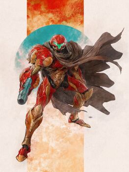 1girl ambiguous_gender arm_cannon armor assault_visor biomechanical brown_cloak cloak commentary dave_rapoza full_body green_visor highres metroid multicolored_armor nintendo power_armor power_suit_(metroid) red_armor samus_aran solo torn_cloak torn_clothes weapon