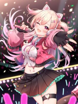 1girl animal_ear_headphones animal_ears black_gloves black_skirt blonde_hair cat_ear_headphones cat_ears cleavage_cutout clothing_cutout cropped_jacket fake_animal_ears fingerless_gloves gloves gradient_hair hair_ornament hairclip headphones heart_cutout highres holding holding_microphone jacket microphone midriff momose_nina multicolored_hair one_eye_closed pink_eyes pink_hair pink_jacket pink_nails pleated_skirt project_nebula skirt solo stage swept_bangs thigh_strap toki_(toki_ship8) two_side_up virtual_youtuber