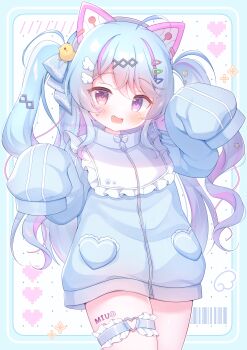Rule 34 | 1girl, :d, animal ear hairband, animal ears, blue border, blue hair, blue jacket, blue ribbon, blush, border, bracode, cat ear hairband, cat ears, character name, commentary request, cowboy shot, dot nose, fake animal ears, fang, frilled thigh strap, hair ornament, hair ribbon, hairband, hairclip, hanasakichu, hands up, heart, heart o-ring, heterochromia, highres, indie virtual youtuber, jacket, long sleeves, looking at viewer, multicolored hair, o-ring, o-ring thigh strap, open mouth, outside border, parallel hairclips, pink hair, pink hairband, purple eyes, red eyes, ribbon, sleeves past fingers, sleeves past wrists, smile, solo, sparkle, streaked hair, thigh strap, track jacket, twitter username, two-tone hair, two side up, virtual youtuber, white background, wing hair ornament, yumesaki miu, zipper