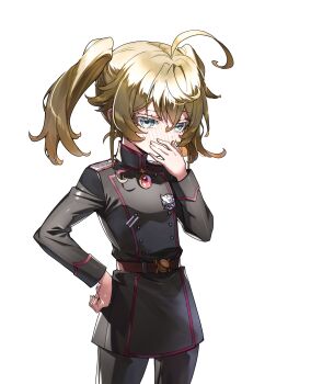 1girl absurdres ahoge belt black_jacket black_pants blonde_hair blue_eyes blush brown_belt buttons commentary_request covering_own_mouth cowboy_shot cross crossed_bangs fingernails gem hair_between_eyes hand_on_own_face hand_on_own_hip high_ponytail highres iron_cross jacket jewelry long_hair long_sleeves looking_at_viewer medal military military_jacket military_uniform pants pendant ponytail red_gem sidelocks simple_background solo standing tanya_degurechaff toujou_chika white_background youjo_senki