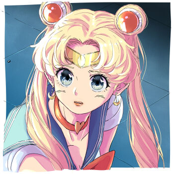 1girl absurdres bishoujo_senshi_sailor_moon blonde_hair blue_sailor_collar border choker eyelashes heart heart_choker highres long_hair looking_to_the_side meme mitsumayo parted_lips red_choker sailor_collar sailor_moon sailor_moon_redraw_challenge_(meme) sailor_senshi_uniform solo tsukino_usagi twintails white_border