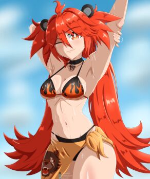 1girl absurdres ahoge animal_ears arms_up bare_shoulders bear_ears bikini black_choker breasts choker commentary english_commentary fake_animal_ears hair_between_eyes hair_ornament hands_up highres koleda_belobog long_hair looking_at_viewer muhammadreed one_eye_closed original red_eyes red_hair solo sphere_hair_ornament summer swimsuit twintails zenless_zone_zero