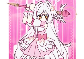 +_+ 1girl absurdres bare_shoulders blue_archive blurry blurry_background commentary covered_mouth crescent crescent_hair_ornament detached_sleeves dress hair_between_eyes hair_ornament halo head_wings highres ima_sugu_rinne_(vocaloid) incoming_attack long_hair magical_girl official_alternate_costume pillarboxed pink_background pink_dress pink_skirt rakuaki red_eyes single_hair_intake single_head_wing skirt sleeve_cuffs solo suzumi_(blue_archive) suzumi_(magical)_(blue_archive) thighhighs very_long_hair white_hair wings zettai_ryouiki