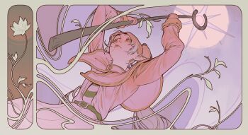 1girl belt black_belt breasts capelet closed_mouth deoviseisalive elf flower frieren from_behind gold_trim highres holding holding_staff jacket long_hair meme parted_lips pointy_ears shirt skirt small_breasts solo sousou_no_frieren staff striped_clothes striped_shirt twintails upper_body upward_angle_frieren_drawing_(meme) white_capelet white_flower white_jacket white_skirt