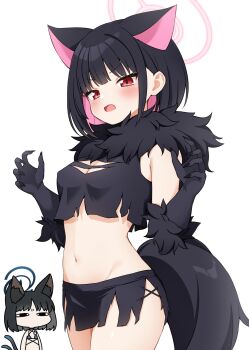 2girls animal_ears black_claws black_hair black_tail blue_archive bolt_hair_ornament breasts cat_ears cleavage_cutout clothing_cutout colored_inner_hair extra_ears fake_claws fur-trimmed_gloves fur_scarf fur_sleeves fur_trim gloves halloween_costume halo highres kazusa_(blue_archive) kazusa_(halloween)_(blue_archive) kikyou_(blue_archive) kikyou_(swimsuit)_(blue_archive) medium_breasts multicolored_hair multiple_girls navel pink_hair pink_halo red_eyes short_hair skirt suwa_yasai tail torn_clothes torn_skirt wolf_tail
