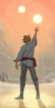 1boy arm_up belt blonde_hair boots brown_belt cloud commentary day full_body grey_boots grey_pants highres long_sleeves luke_skywalker male_focus orange_sky outdoors pants pocket rock sand shadow shirt short_hair sky solo standing star_wars star_wars:_a_new_hope sun white_shirt wide_sleeves