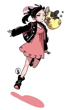 1girl :o asymmetrical_bangs black_boots black_choker black_fur black_hair black_jacket boots choker dress full_body gen_8_pokemon green_eyes hair_ribbon jacket konakawa looking_at_another marnie_(pokemon) morpeko morpeko_(full) nintendo one_eye_closed pink_dress pokemon pokemon_(creature) pokemon_swsh red_ribbon ribbon simple_background standing twintails undercut white_background yellow_fur