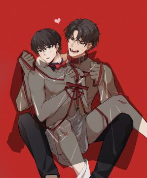 2boys absurdres bdsm belt_collar bite_mark black_hair bondage bound bound_wrists collar commentary_request curtained_hair grin hands_up head_tilt heart highres kim_dokja looking_at_another male_focus multiple_boys nipples omniscient_reader&#039;s_viewpoint open_mouth pectorals pelvic_curtain sanjinmogufufu short_hair sitting sitting_on_lap sitting_on_person smile sweatdrop toned toned_male yaoi yoo_joonghyuk