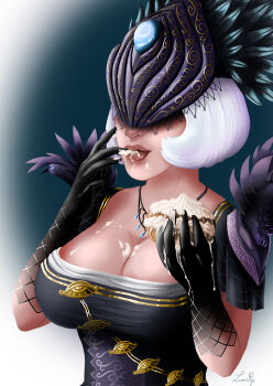 1girl breasts cake cleavage cream eat eating feathers female_focus food gloves gold highres hot jewelry large_breasts lips lipstick makeup mature_female necklace nox_(smite) open_mouth short_hair simple_background smite solo standing thick_lips white_hair