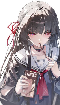 1girl 7gao absurdres black_hair chisa_(wuthering_waves) commentary_request food food_in_mouth food_wrapper hair_ribbon highres holding holding_food jewelry long_hair long_sleeves looking_at_viewer mole mole_under_eye multiple_rings neckerchief pocky pocky_in_mouth red_eyes red_neckerchief red_ribbon ribbon ring sailor_collar solo upper_body wuthering_waves