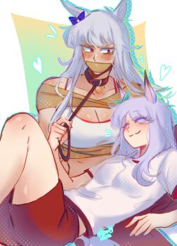 Rule 34 | 2girls, absurdres, animal ears, aqua bow, blunt bangs, blush, bow, breasts, calamity brezze, cleavage, closed mouth, collar, ear bow, ear ribbon, gag, gagged, gold ship (umamusume), grey hair, gym shirt, heart, highres, holding, holding leash, horse ears, horse girl, horse tail, improvised gag, lap pillow, large breasts, leash, long hair, lying, medium breasts, mejiro mcqueen (umamusume), midriff, multiple girls, no headwear, on back, pants, purple bow, purple eyes, purple hair, red pants, red shorts, shirt, short sleeves, shorts, smile, sports bra, tail, tape, tape gag, taped arms, tracen training uniform, umamusume, white shirt, white sports bra, yuri