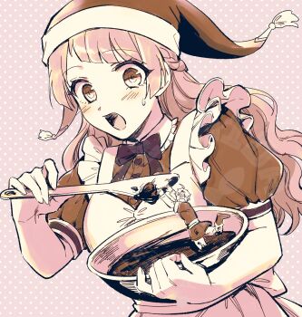 1boy 1girl aida_mei apron blush braid chocolate commentary_request food gloom_(expression) half_up_braid hat highres in_food maid_apron majo_to_kekkon_nante_suru_mon_ja_nai! mini_person miniboy mixing_bowl monochrome open_mouth polka_dot polka_dot_background puffy_short_sleeves puffy_sleeves short_sleeves size_difference small_sweatdrop spatula valentine