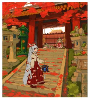 3girls autumn_leaves border bow clone closed_eyes closed_mouth commentary_request day dual_persona expressionless fujiwara_no_mokou full_body green_eyes grey_hair hair_bow highres holding holding_lantern horns komainu_ears komano_aunn lantern leaf long_hair looking_at_viewer multiple_girls outdoors red_eyes red_shirt ritsuzou shirt shorts shrine single_horn sky stairs stone_lantern stone_stairs touhou very_long_hair white_border white_bow white_shorts white_sky