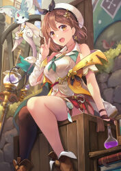 Rule 34 | 1girl, atelier (series), atelier ryza, atelier ryza 2, bare shoulders, beret, blush, boots, breasts, brown footwear, brown hair, earrings, fi (atelier), goushou, hat, jewelry, large breasts, navel, outdoors, red shorts, reisalin stout, shirt, shorts, sitting, star (symbol), star earrings, v, white hat, white shirt