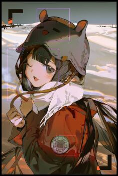 1girl blunt_bangs brown_eyes coat fang fcjfior hat highres hololive hololive_english long_hair looking_at_viewer ninomae_ina&#039;nis parted_lips purple_hair red_coat scarf skin_fang smile snow straight_hair takodachi_(ninomae_ina&#039;nis) viewfinder white_scarf