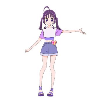 1girl ahoge blue_shorts closed_mouth full_body hand_up highres kimi_to_idol_precure long_hair looking_at_viewer midriff official_art outstretched_arm precure purple_eyes purple_hair purple_shirt purple_shoes second-party_source shigure_kokoro shirt shoes shorts simple_background smile solo standing twintails