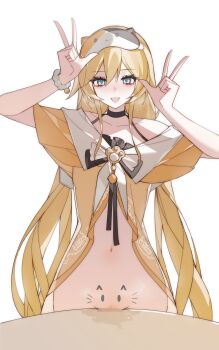1girl :d absurdres arms_up black_choker blonde_hair blue_eyes bottomless censored choker desk double_v drawn_ears drawn_whiskers hair_between_eyes heavy_breathing highres long_hair looking_at_viewer michele_(feline_energy)_(strinova) michele_(strinova) mosaic_censoring navel official_alternate_costume open_mouth orange_pajamas pajamas pussy pussy_juice rubbing sidelocks single_bare_shoulder sleep_mask smile solo strinova twintails v very_long_hair yexinhan