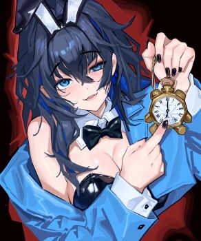 1girl absurdres alternate_costume animal_ears arm_up black_bow black_leotard black_nails blue_eyes blue_hair bow bowtie breasts cleavage commentary detached_collar english_commentary fake_animal_ears hair_intakes hair_over_shoulder half-closed_eye highres holding holding_pocket_watch hololive jacket large_breasts leotard long_hair looking_at_viewer meme nail_polish old_metal_666 open_mouth ouro_kronii playboy_bunny pocket_watch pointing pointing_at_object rabbit_ears roman_numeral solo upper_body virtual_youtuber watch white_rabbit_pointing_at_a_clock_(meme)