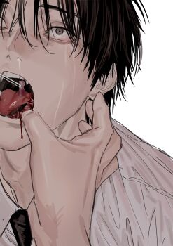 1boy 1other absurdres black_hair black_necktie blood blood_in_mouth chamuring collared_shirt fang grey_eyes han_maru hashtag-only_commentary highres male_focus mouth_pull necktie official_art open_mouth removed_tooth shirt short_hair special_civil_servant teeth tongue tooth_pulling white_shirt