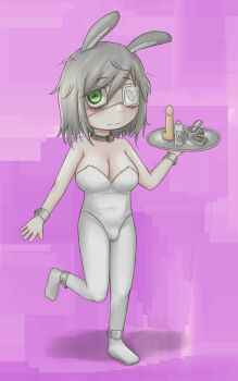 1futa animal_ears bags_under_eyes breasts bulge cleavage closed_mouth collar dildo eyepatch futanari green_eyes grey_hair gun heart highres holding holding_plate large_breasts leotard mentha_(menthalovely) mint_(menthalovely) nervous_smile original pink_background plate playboy_bunny rabbit_ears sex_toy short_hair smile strapless strapless_leotard weapon white_leotard