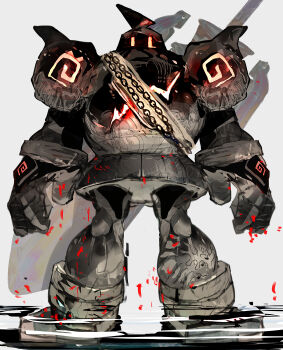 Rule 34 | 1other, absurdres, asymmetrical eyes, chain, energy, full body, gen 5 pokemon, glowing, glowing eyes, golem, golurk, highres, impasto, legs apart, looking at viewer, monster, monster focus, nintendo, no humans, pokemon, pokemon (creature), pokemon focus, solo, standing, sukepmonster, sword, sword on back, weapon, weapon on back, white background, yellow eyes