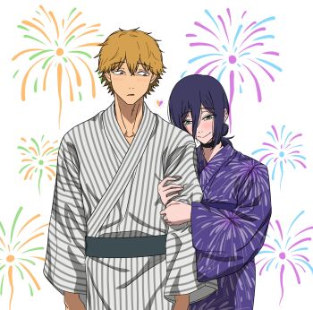 1boy 1girl aerial_fireworks ameeyo blonde_hair chainsaw_man closed_mouth commentary_request couple denji_(chainsaw_man) fireworks fireworks_print green_eyes hair_between_eyes hair_bun hetero highres holding_another's_arm japanese_clothes kimono light_blush medium_hair purple_hair purple_kimono red_eyes reze_(chainsaw_man) short_hair simple_background smile striped_clothes striped_kimono updo upper_body