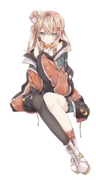 1girl aqua_eyes asymmetrical_legwear black_thighhighs boots bow closed_mouth coat full_body hair_between_eyes hair_bow hair_ornament heart highres igarashi_rika invisible_chair long_hair long_sleeves looking_at_viewer mame_maccha mismatched_legwear multicolored_hair nijisanji open_clothes open_coat orange_hair orange_socks simple_background sitting smile socks solo streaked_hair thighhighs uneven_legwear virtual_youtuber white_background white_boots white_bow white_hair