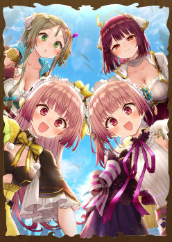 Rule 34 | 4girls, :d, :o, alt (ctrldel), atelier (series), atelier lydie &amp; suelle, atelier sophie, blue sky, blush, breasts, brown hair, choker, cleavage, closed mouth, cloud, collarbone, commentary request, day, fingerless gloves, firis mistlud, gloves, green eyes, highres, long hair, looking at viewer, lydie malen, medium breasts, multiple girls, open mouth, outdoors, pink hair, pink ribbon, red gloves, red hair, ribbon, short hair, sky, small breasts, smile, sophie neuenmuller, suelle malen, white choker